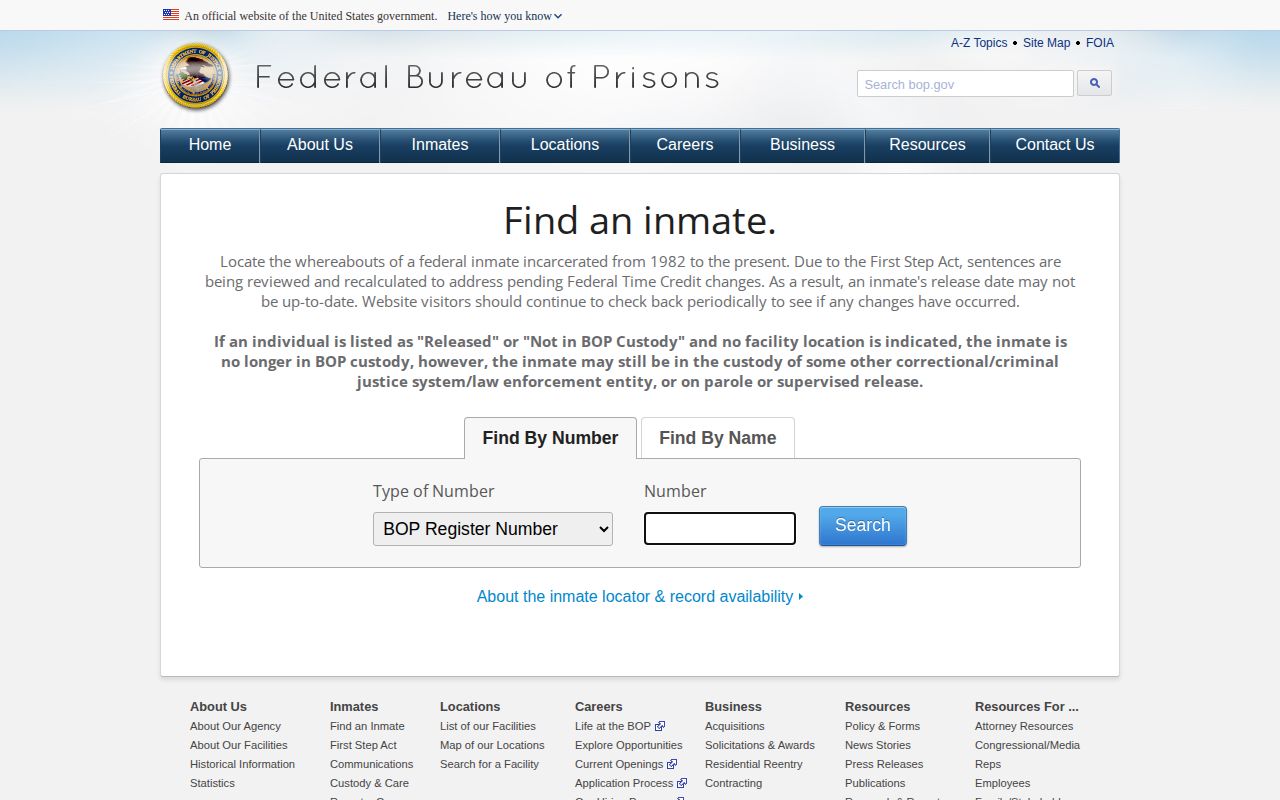 Federal Bureau of Prisons release lookup form serving Otsego County