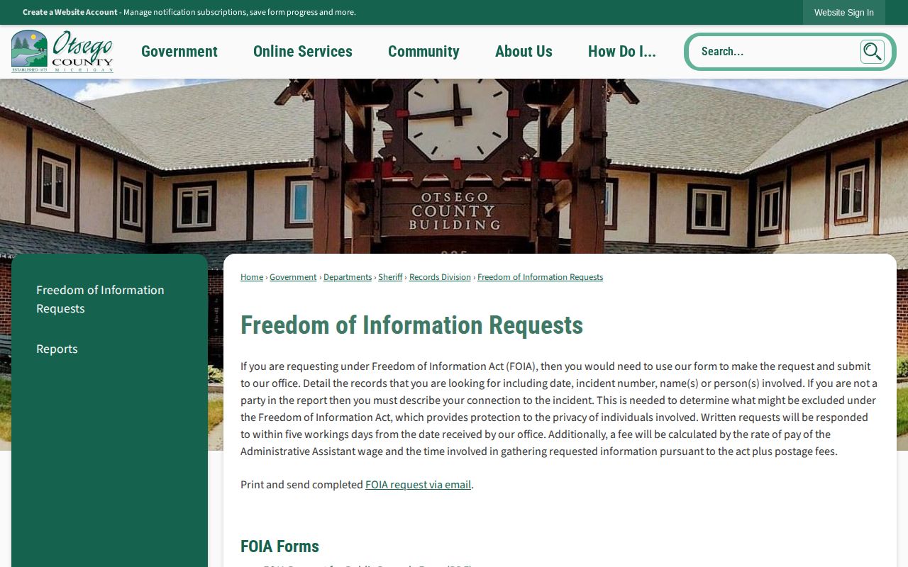 Otsego County release records request instructions